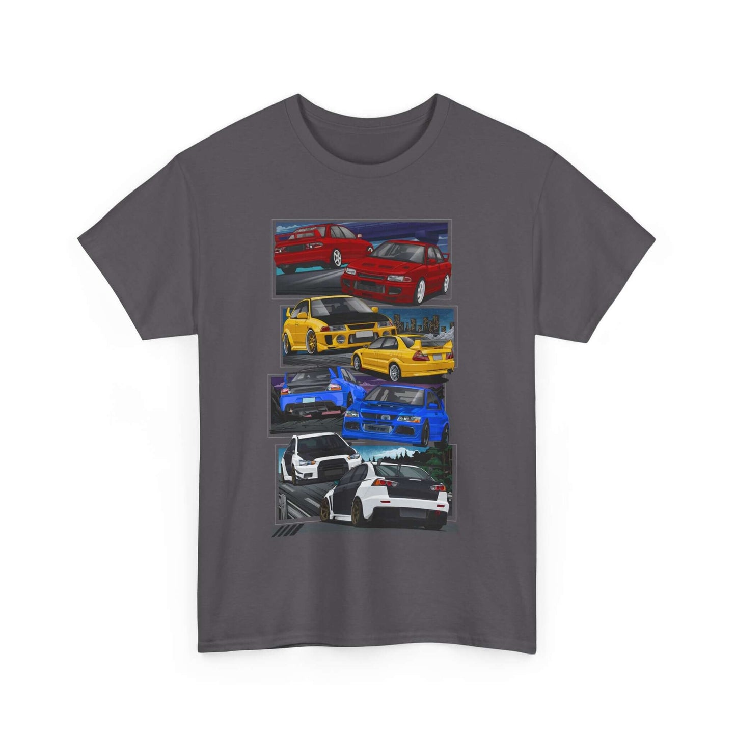 JDM-Inspired Evolution Car Tee, Red Yellow Blue White Enthusiast Shirt