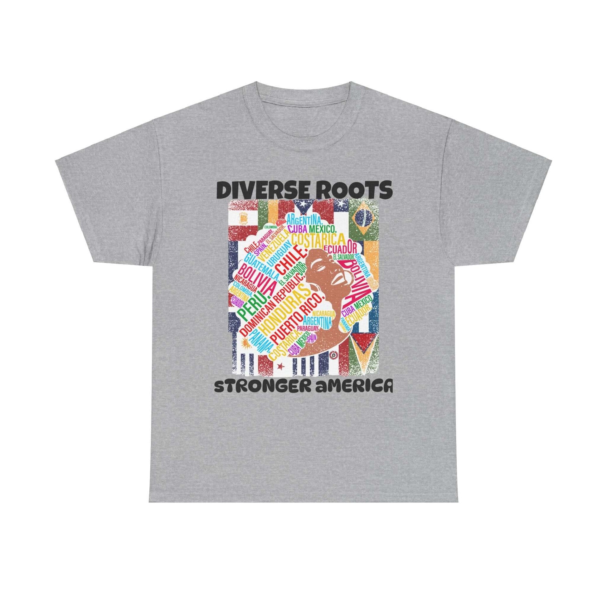 Unisex tee with 'Diverse Roots Stronger America' message in a colorful word cloud supporting immigration and diversity.