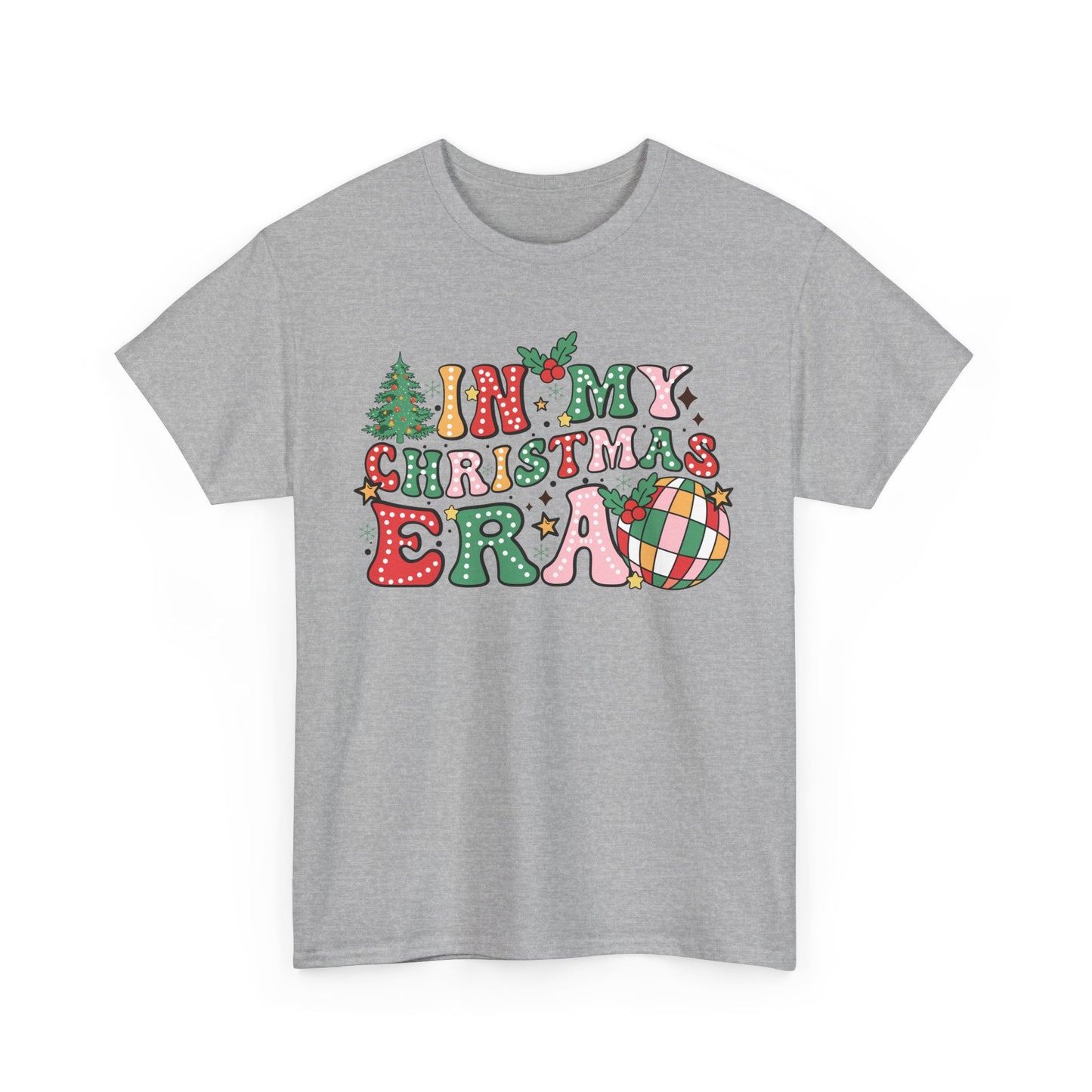 Gray t-shirt featuring colorful 'In My Christmas Era' design with Christmas trees, ornaments, and festive letters.