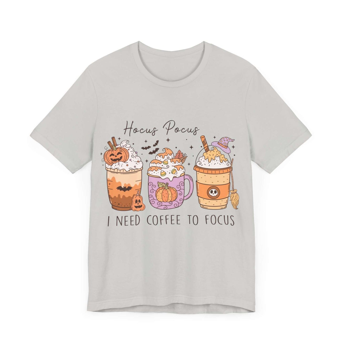 Halloween Coffee Lover's T-shirt, Hocus Pocus I Need Coffee to Focus, Women's Spooky Shirt for Brew-Witching Mornings and Halloween Parties.