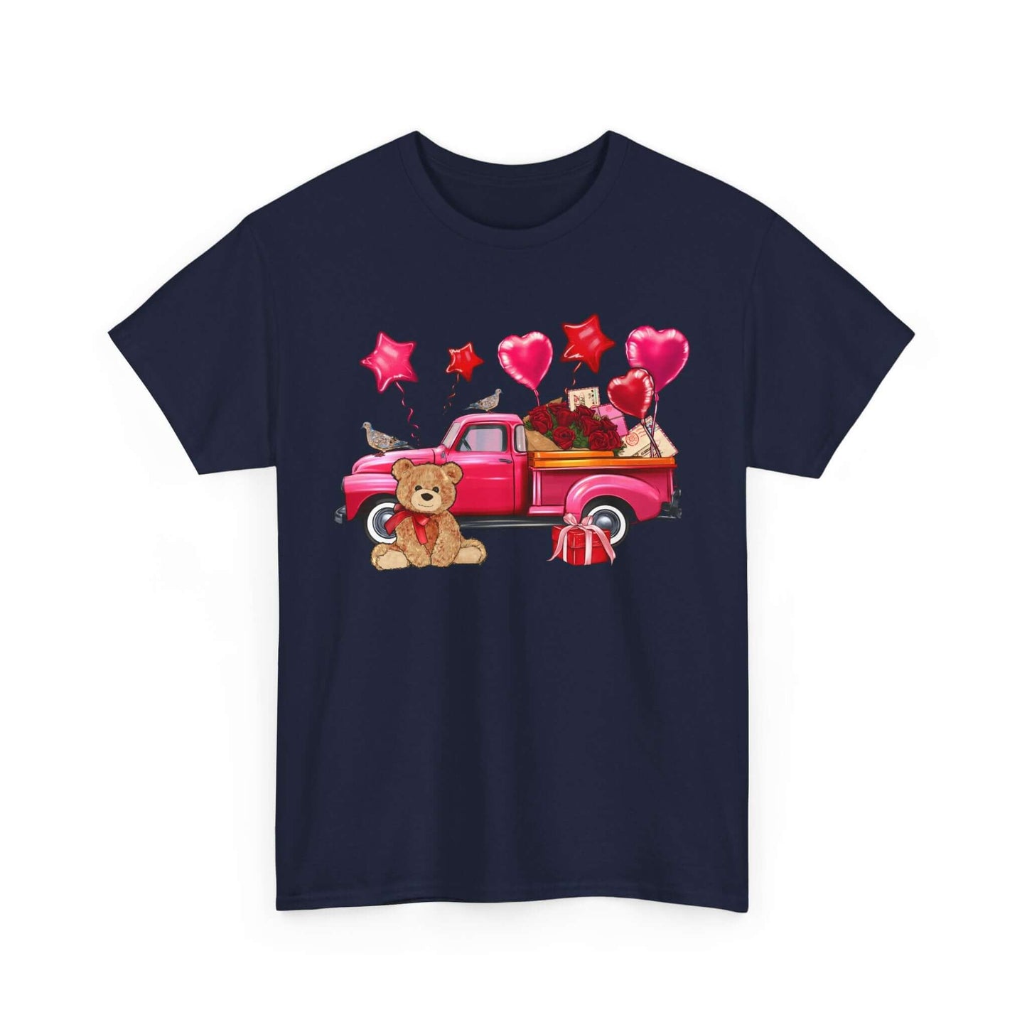 Unisex Valentine's Day Tee with vintage truck, roses, and teddy bear design, perfect love gift. High-quality cotton t-shirt for year-round wear.