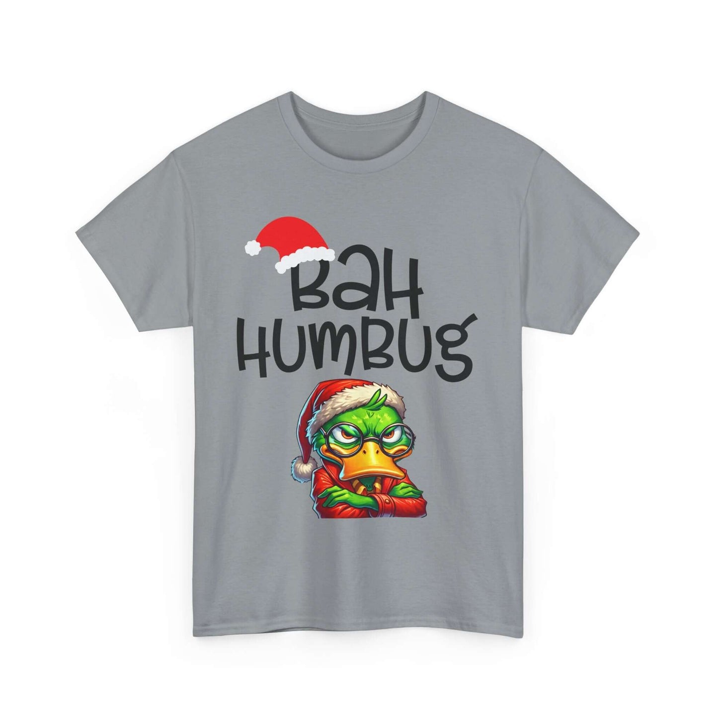 Unisex 'Bah Humbug' Christmas humor tee featuring a playful design with a festive Santa hat. Perfect for holiday fun.