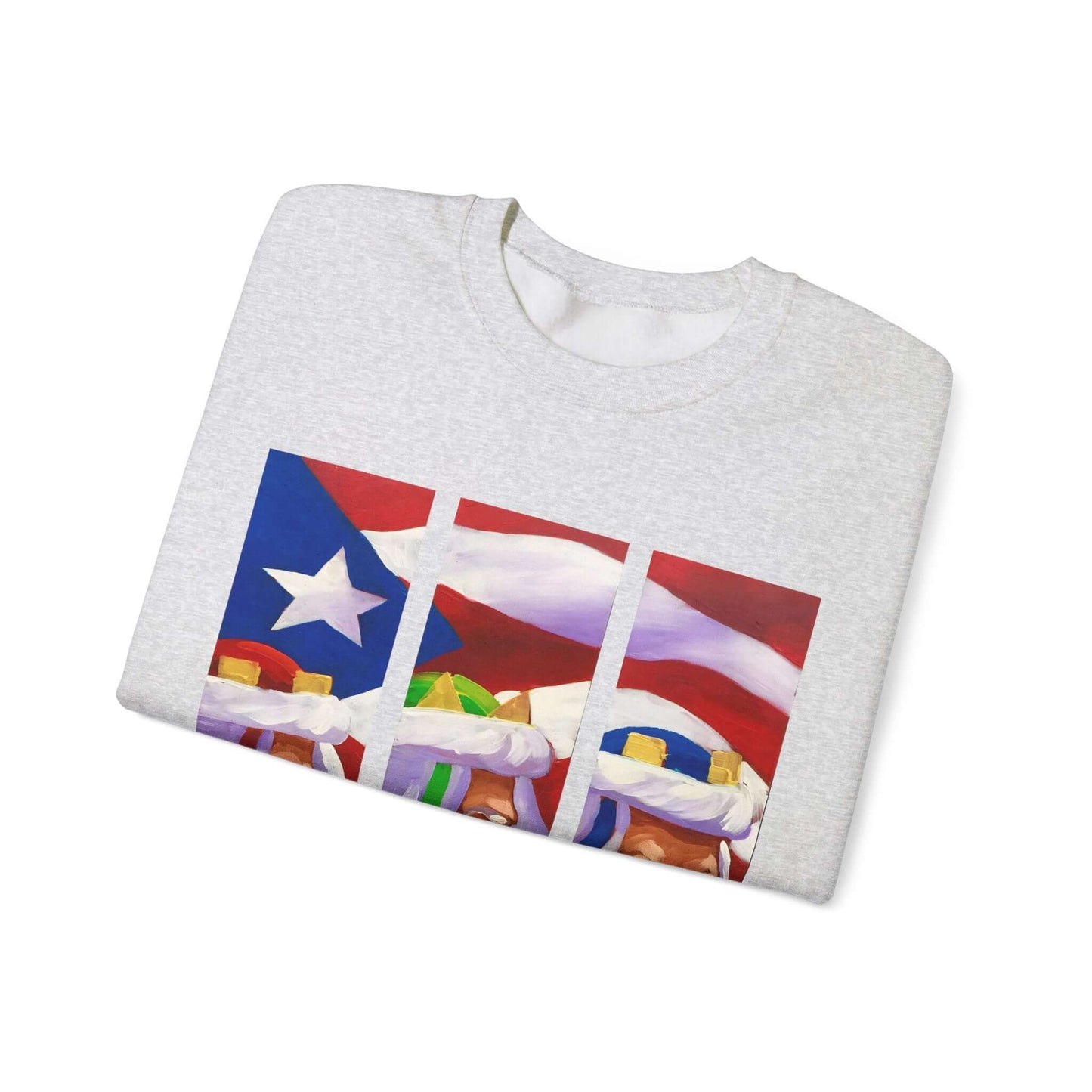 Cream sweater with Puerto Rican flag and Three Kings print, festive holiday attire.