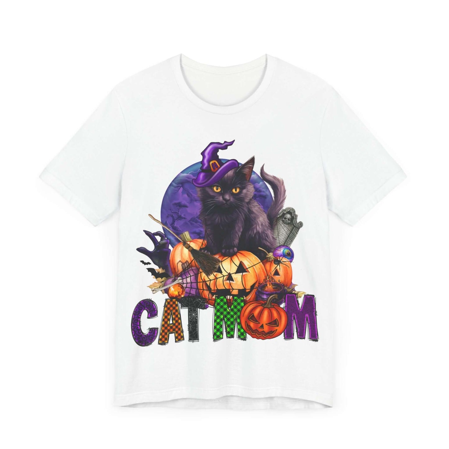 Cat Mom Women's T-shirt - Adorable Baby Black Cat, Pumpkins and Purple Moon, - Unique Halloween Outfits, Festive Parties, and Feline Fun.