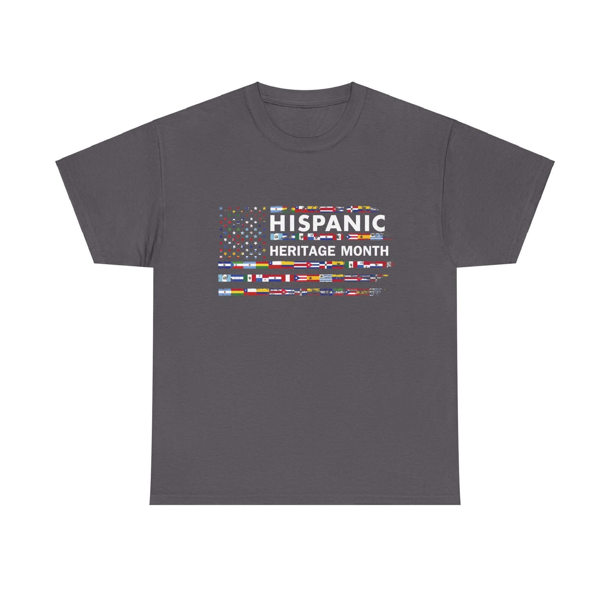 Hispanic Heritage Month T-shirt featuring vibrant mosaic of flags celebrating cultural diversity and pride.