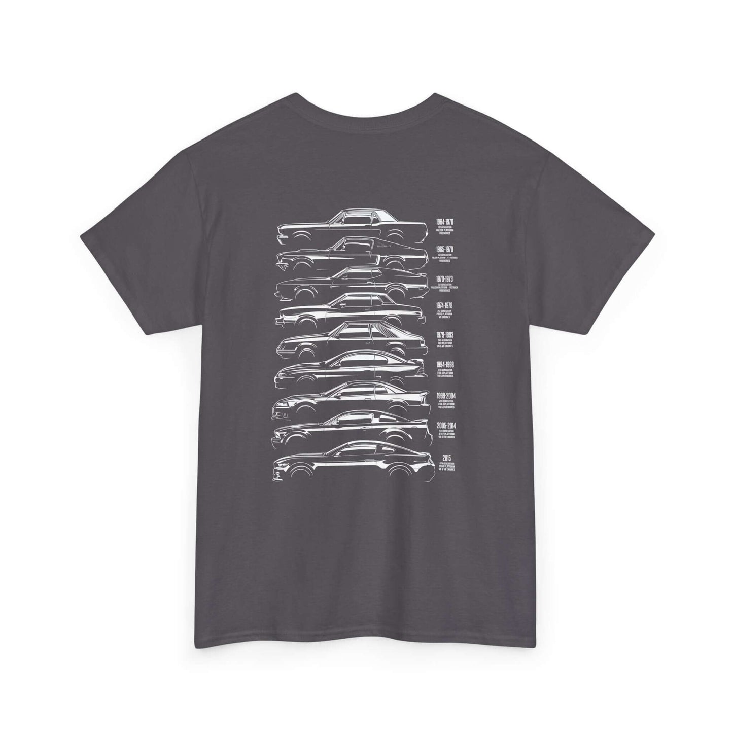 Ford Mustang Evolution Tee showcasing year-by-year specs from 1964 to 2015 on the back, perfect for car enthusiasts and Mustang fans.