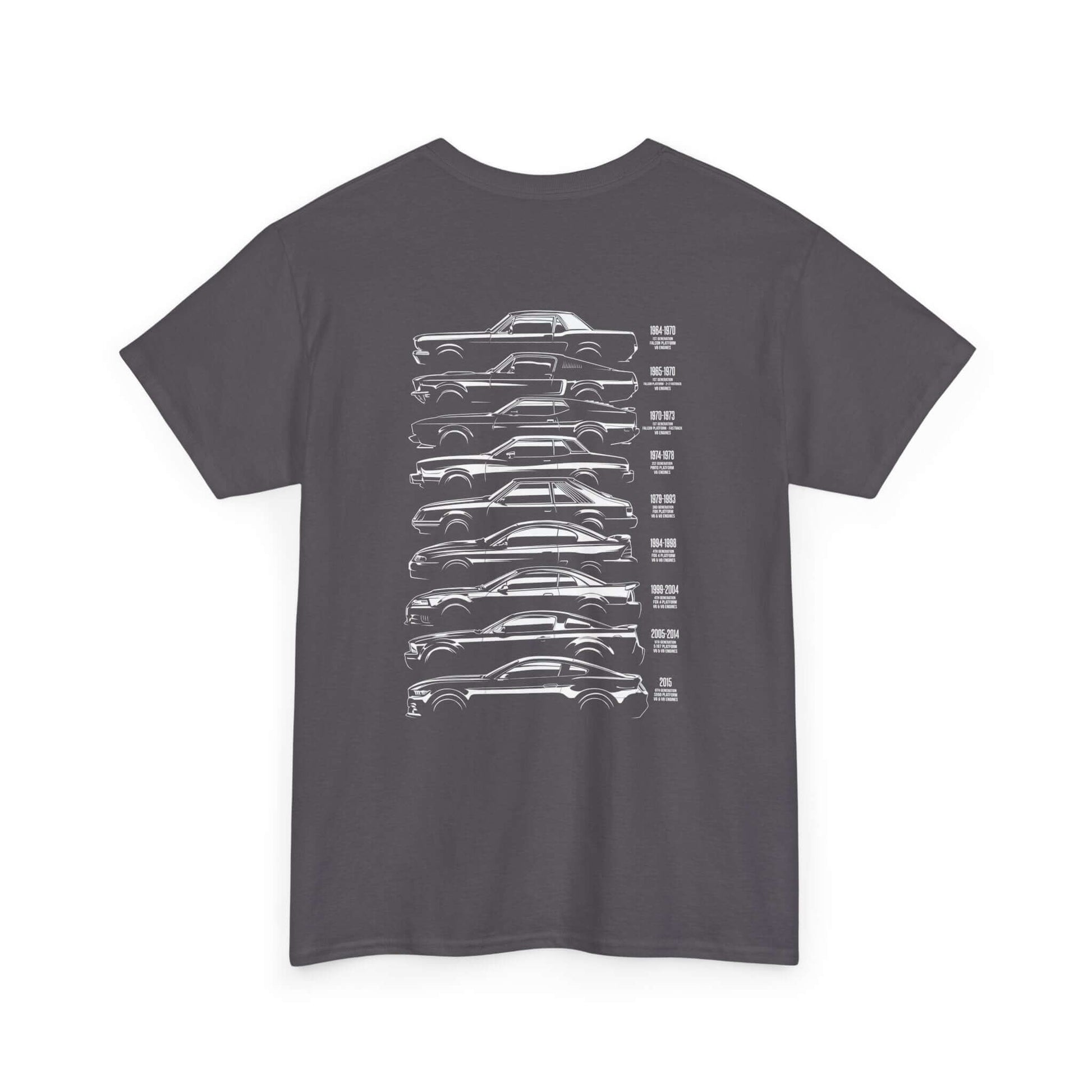 Ford Mustang Evolution Tee showcasing year-by-year specs from 1964 to 2015 on the back, perfect for car enthusiasts and Mustang fans.