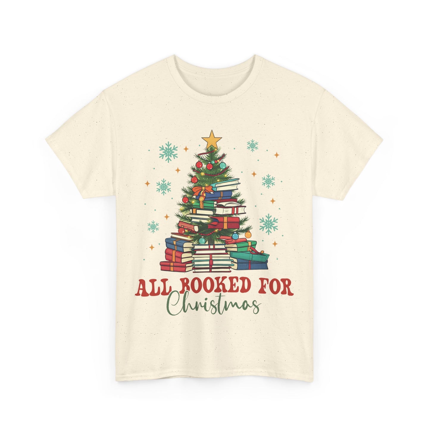 Christmas Book Lover Tee featuring a festive stack of books and a decorated tree, perfect for holiday celebrations.