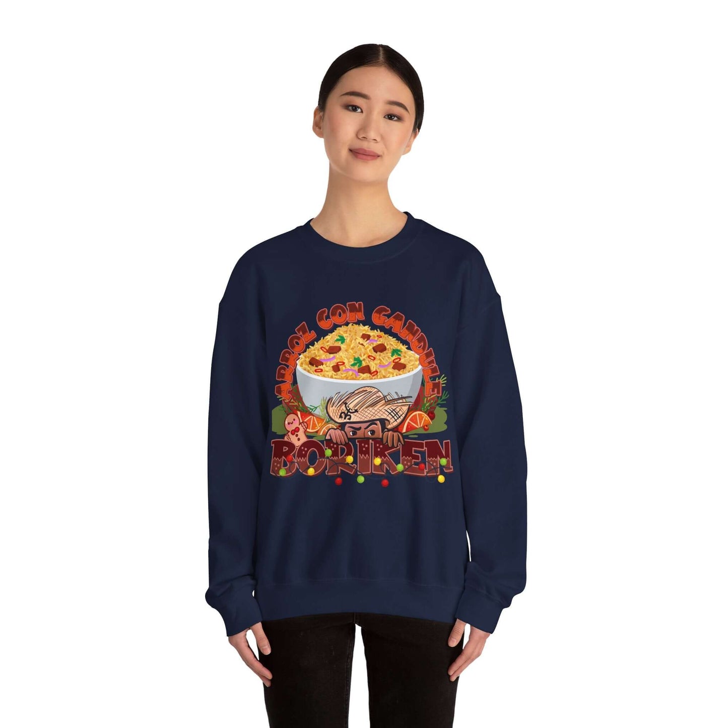 Arroz Con Gandules Christmas Sweater featuring festive holiday design and bold Puerto Rican text "Borikén" in colorful print