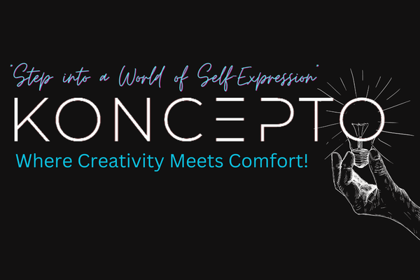 Koncepto logo with slogan "Where Creativity Meets Comfort" and a hand holding a light bulb, symbolizing creativity and innovation.