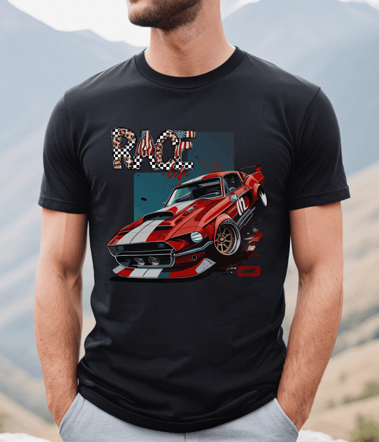 Racing Life Muscle Car T-Shirt, Track Day Tee, Patriotic Racer Gift, iconic Mustang rendition