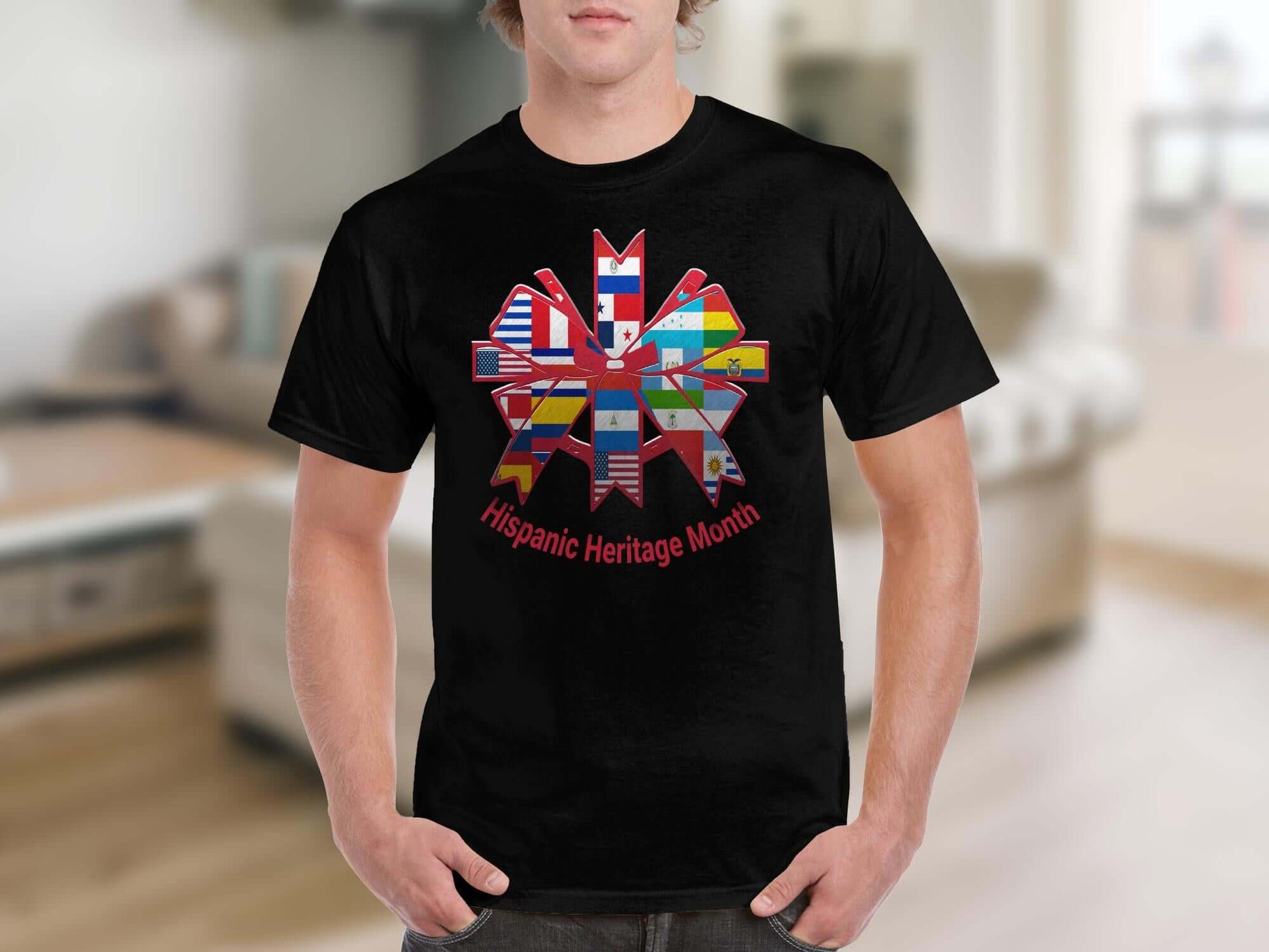 Man wearing Hispanic Heritage Month T-Shirt with colorful country flags design