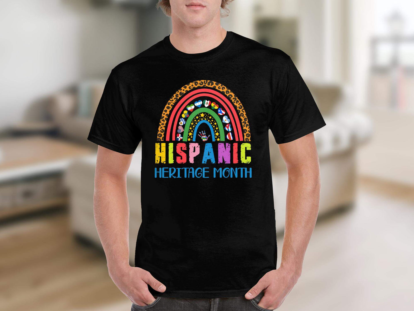 Black T-shirt celebrating Hispanic Heritage Month with colorful graphic design and text.